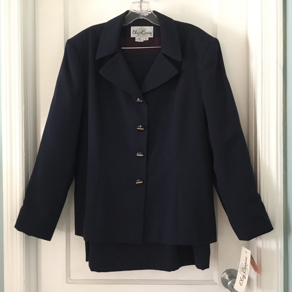 Oleg Cassini Womens Navy Blue Suit, Jacket & Skirt Fully Lined, Size 16, NWT